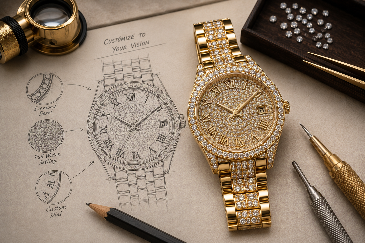 Custom diamond watch dial design and craftsmanship process