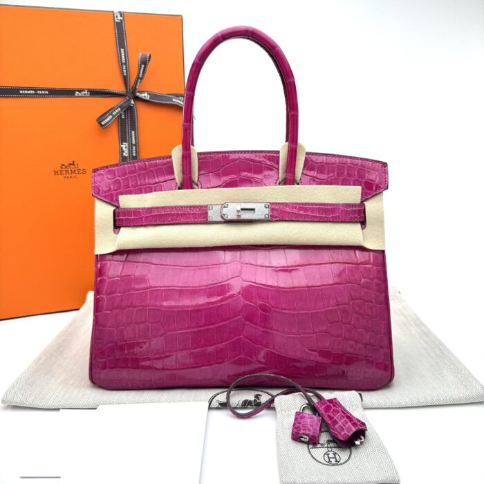 Hermes Birkin 30 Shiny Crocodile Rose Scheherazade Palladium Hardware Preowned - Image 1