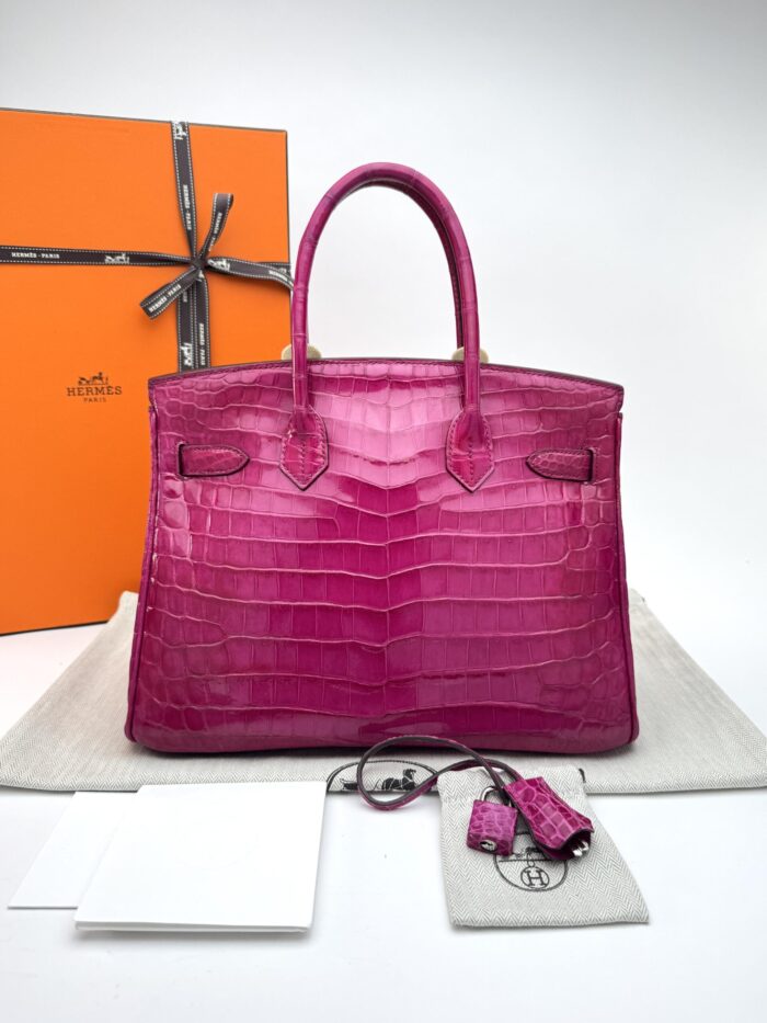 Hermes Birkin 30 Shiny Crocodile Rose Scheherazade Palladium Hardware Preowned - Image 11