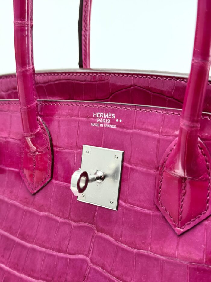 Hermes Birkin 30 Shiny Crocodile Rose Scheherazade Palladium Hardware Preowned - Image 8