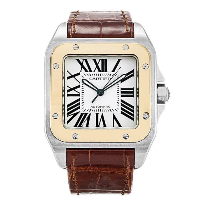 16400305 CartierSantos10038mmYG SSSilverDialGoldBezelLeatherBandWatch2656