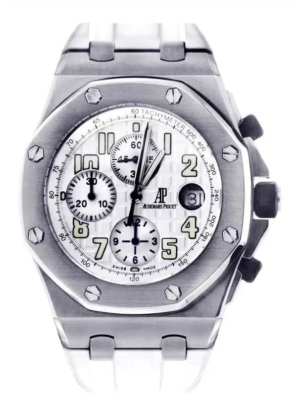 16403898 AudemarsPiguet42mmRoyalOakOffshoreSilverDialStainlessSteelWhiteRubberStrapWatch26020ST