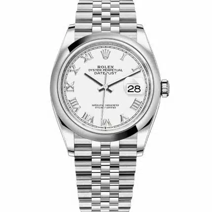 17439853 RolexDatejust36mmWhiteRomanNumeralsDialSmoothBezelJubileeStainlessSteelWatch126200