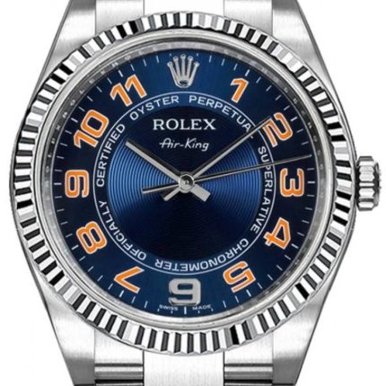 17643534 rolex air king 114234 blucfo blue orange arabic fluted white gold bezel stainless steel oyster