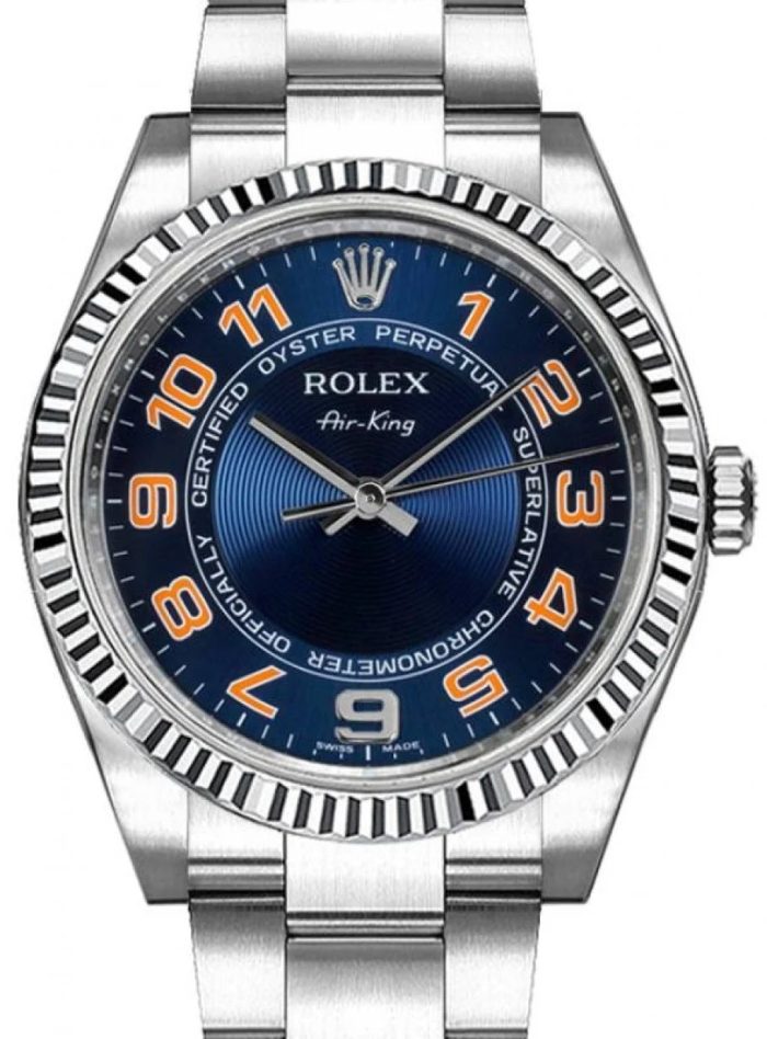 17643534 rolex air king 114234 blucfo blue orange arabic fluted white gold bezel stainless steel oyster