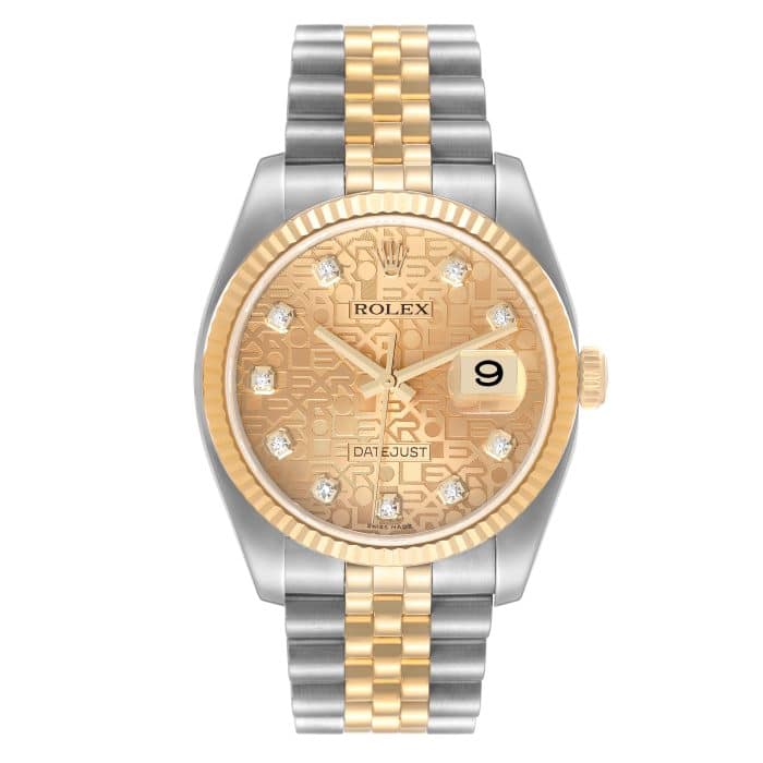 17647590 rolex datejust steel yellow gold diamond dial mens watch 116233 box card 49841 dd503