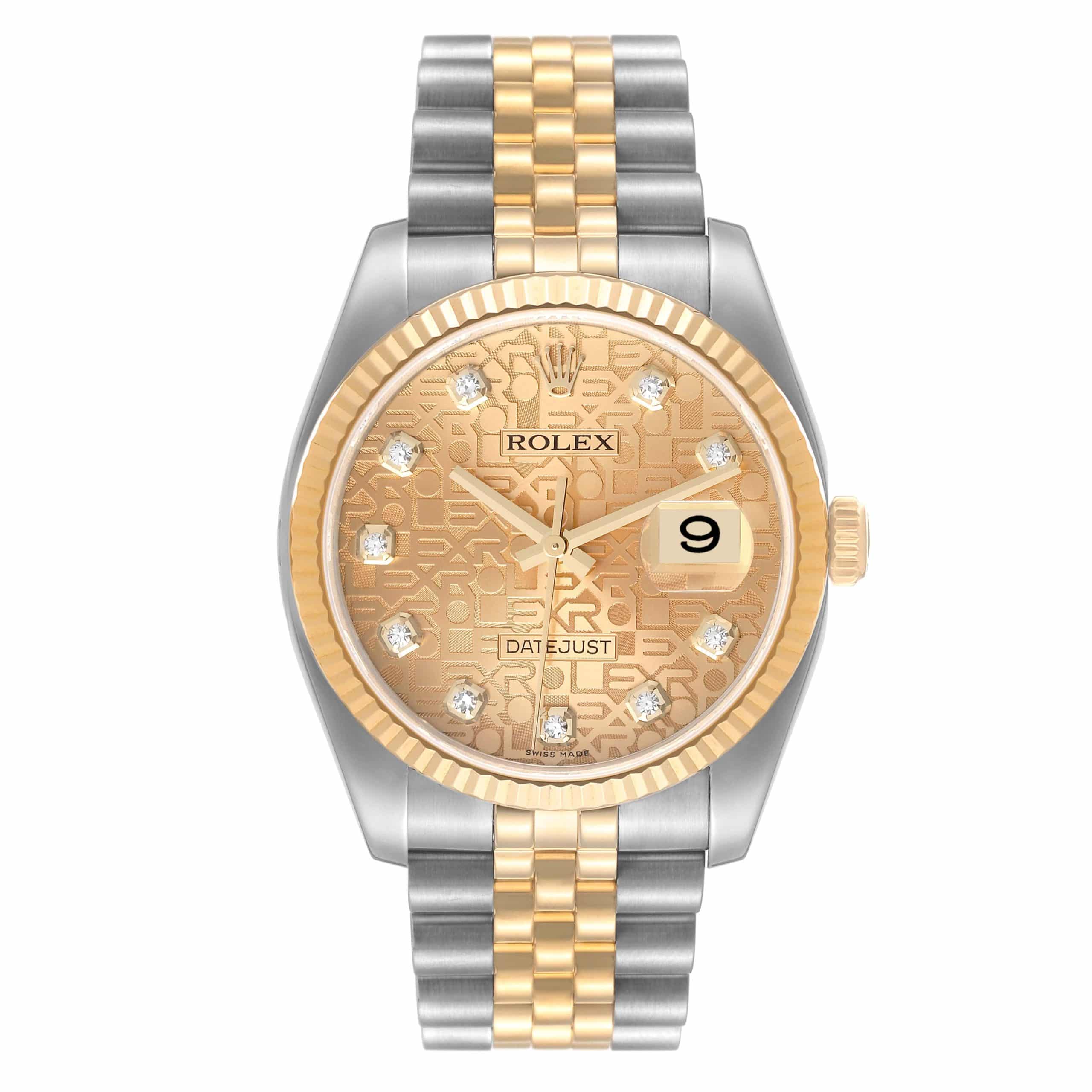 17647590 rolex datejust steel yellow gold diamond dial mens watch 116233 box card 49841 dd503 scaled