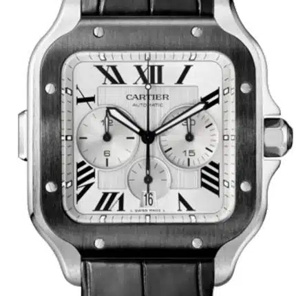 17687502 CartierSantosXLChronograph44mmSilverDialStainlessSteelBlackLeatherStrapWatch4183