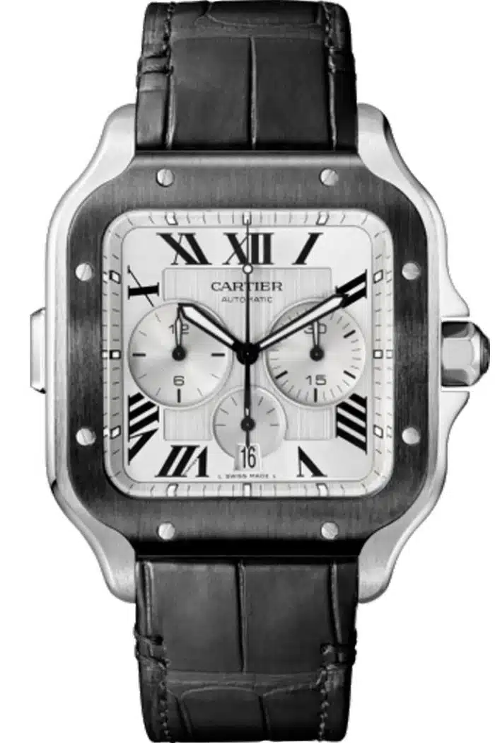 17687502 CartierSantosXLChronograph44mmSilverDialStainlessSteelBlackLeatherStrapWatch4183