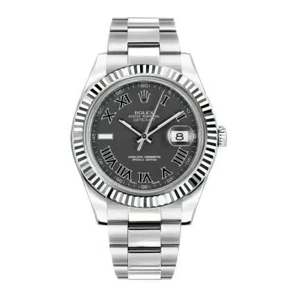 17689073 RolexDatejustII41mm18kWhiteGoldFlutedBezelBlackRomanDialOysterStainlessSteelWatch116334