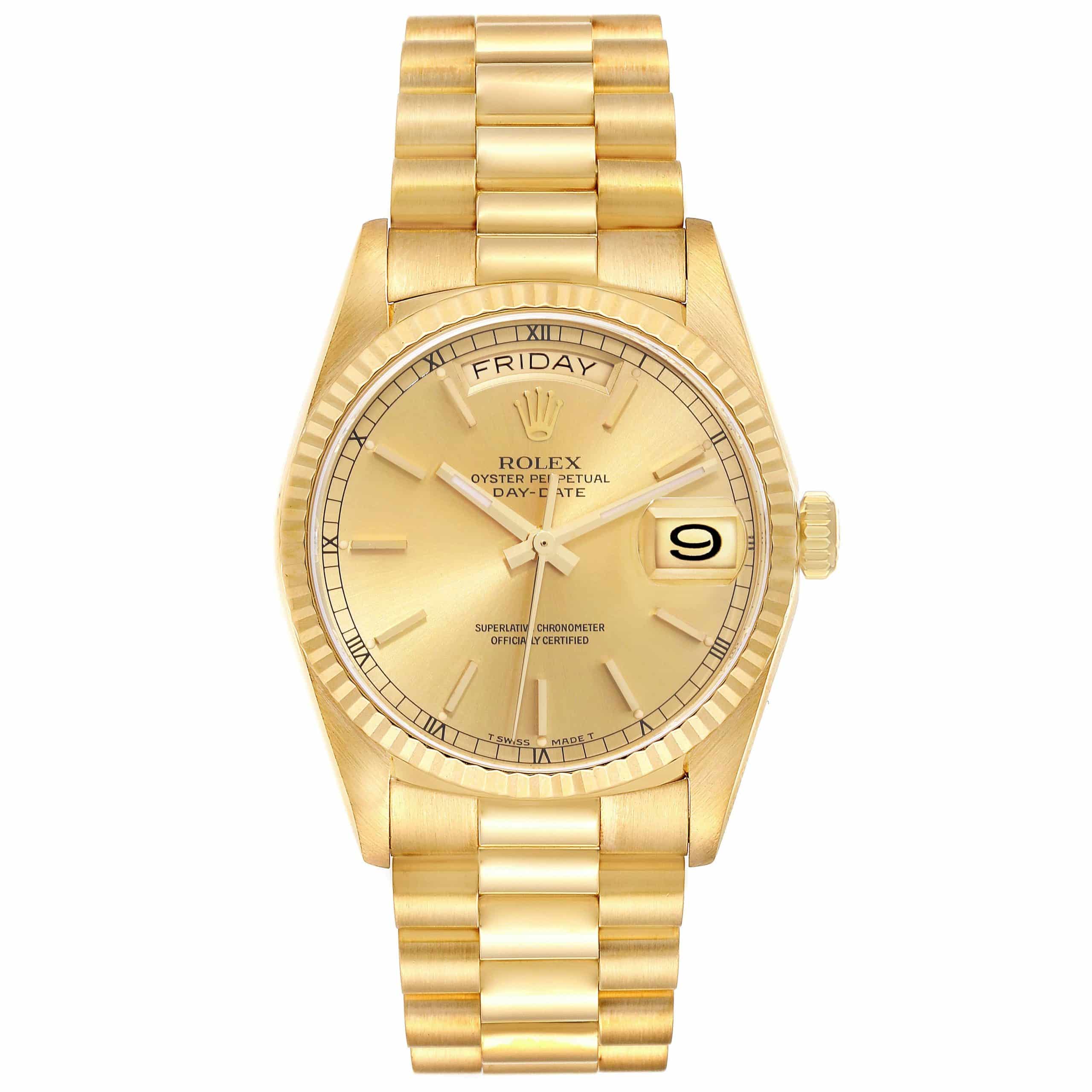 17911998 rolex president day date yellow gold champagne dial mens watch 18038 61482 7c3fe scaled