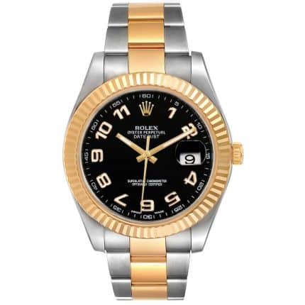 17920424 RolexDatejust41mm2Tone18kYellowGold StainlessSteelFlutedBezelBlackArabicDialOysterSteelWatch116333