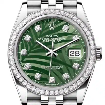 17951642 rolex datejust 36 white gold steel olive green palm motif diamond dial diamond bezel jubilee bracelet 126284rbr