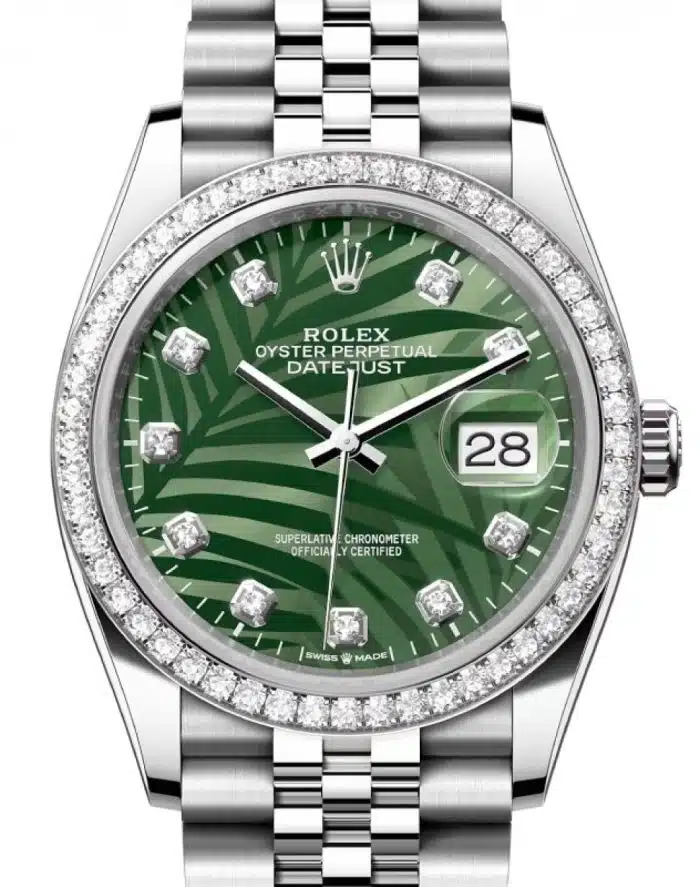 17951642 rolex datejust 36 white gold steel olive green palm motif diamond dial diamond bezel jubilee bracelet 126284rbr