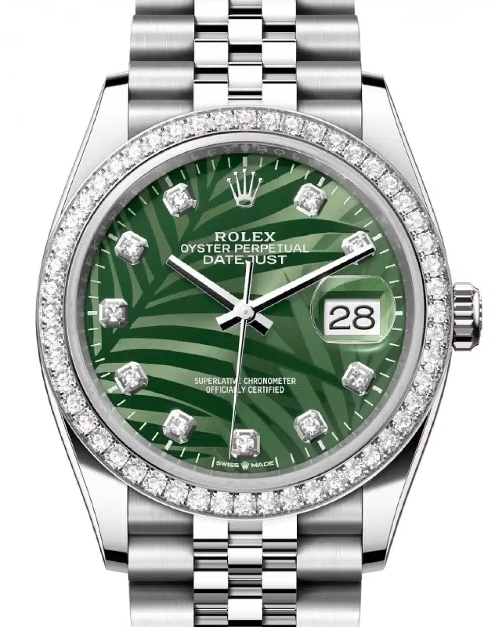 17951642 rolex datejust 36 white gold steel olive green palm motif diamond dial diamond bezel jubilee bracelet 126284rbr