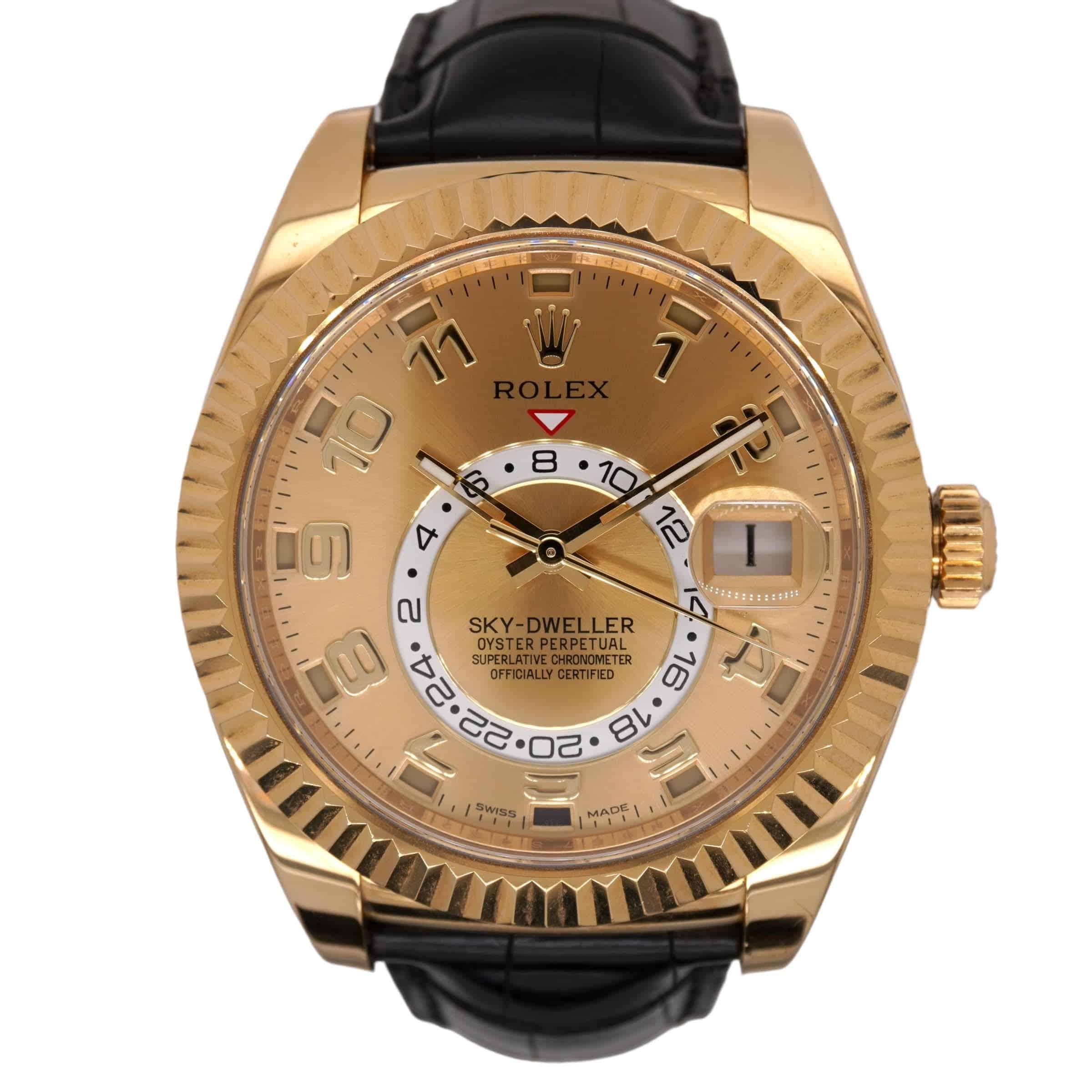 17980558 RolexSky Dweller42mm18kYellowGoldChampagneDialFlutedBezelLeatherBandWatch326138