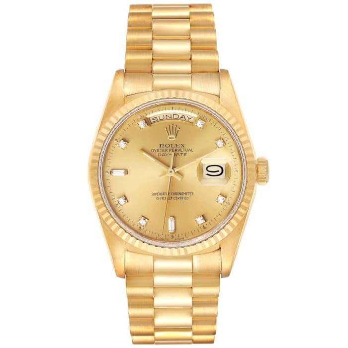 18023418 RolexPresidentDay Date18KYellowGoldChampagneFactoryDiamondDialDoubleQuicksetWatch18238