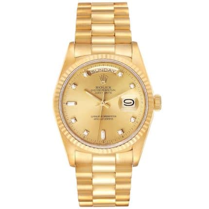 18025525 RolexPresidentDay Date18KYellowGoldChampagneFactoryDiamondDialDoubleQuicksetWatch18238