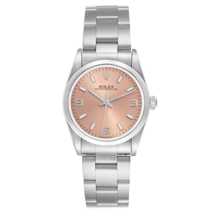 18057749 rolex oyster perpetual 31 midsize salmon dial steel ladies watch 77080 68265 89781 md