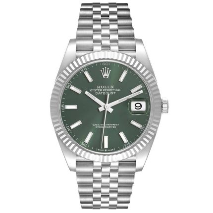 Rolex Datejust 41mm Green Dial 18k White Gold Fluted Bezel Jubilee Band Stainless Steel Watch 126334