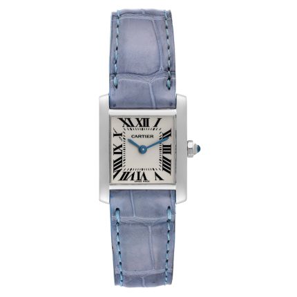 Cartier Tank Francaise White Gold Blue Strap Leather band Ladies Watch 2403
