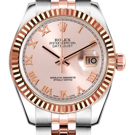 Rolex Datejust 26mm 2-Tone 18k Rose Gold & Stainless Steel RG Fluted Bezel Sundust Roman Dial Jubilee Watch 179171