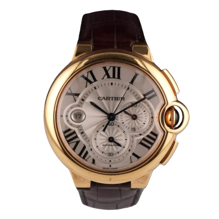 Cartier Ballon Bleu 44 Automatic Silver Chronograph Dial Men's 18K Rose Gold with Leather Band Watch 3568