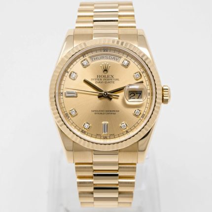 Rolex President Day-Date 18K Yellow Gold Champagne Factory Diamond Dial Fluted Bezel Double Quickset Watch 118238
