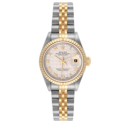 Rolex Datejust 26mm 2-Tone 18k Yellow Gold & Stainless Steel Ivory Pyramid Dial 18k YG Fluted Bezel Jubilee Band Watch 69173