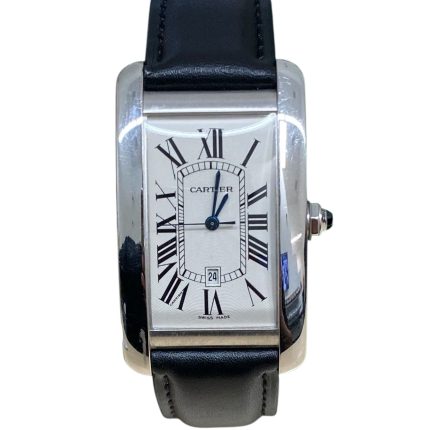 Cartier Tank Americaine 45mm x 26.6mm Silver Dial White Gold Black Leather Strap Watch 1741