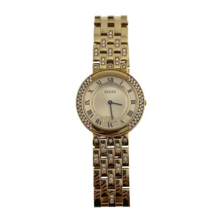 Gucci 33mm Champagne Dial YG Factory Diamond Bezel & Band 18K Yellow Gold Watch 751M
