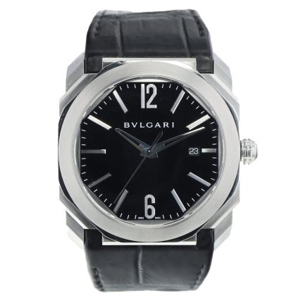 Bvlgari Octo 41mm Black Dial Smooth Bezel Black Leather Band Stainless Steel Watch BGO41S