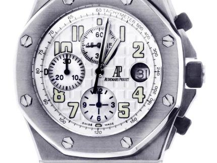 AudemarsPiguet42mmRoyalOakOffshoreSilverDialStainlessSteelWhiteRubberStrapWatch26020ST