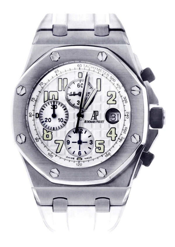 AudemarsPiguet42mmRoyalOakOffshoreSilverDialStainlessSteelWhiteRubberStrapWatch26020ST