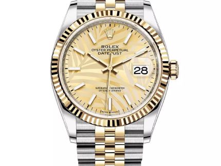 RolexDatejust36mm2Tone18kYellowGold StainlessSteelChampagnePalmLeafDialFlutedBezelJubileeWatch126233