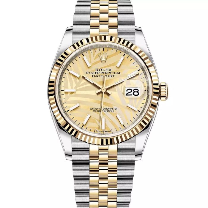 RolexDatejust36mm2Tone18kYellowGold StainlessSteelChampagnePalmLeafDialFlutedBezelJubileeWatch126233