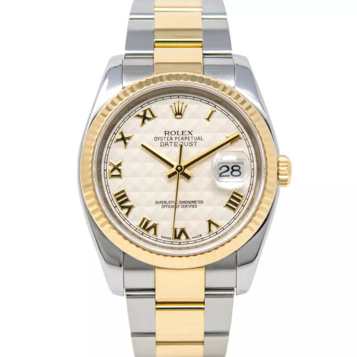 RolexDatejust36mm2Tone18kYellowGold StainlessSteelIvoryPyramidRomanDialFlutedBezelOysterWatch116233