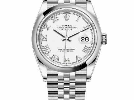 RolexDatejust36mmWhiteRomanNumeralsDialSmoothBezelJubileeStainlessSteelWatch126200