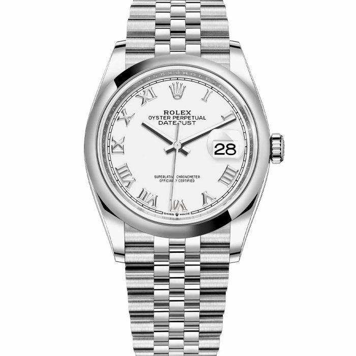 RolexDatejust36mmWhiteRomanNumeralsDialSmoothBezelJubileeStainlessSteelWatch126200