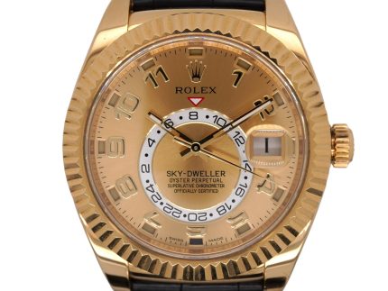 RolexSky Dweller42mm18kYellowGoldChampagneDialFlutedBezelLeatherBandWatch326138