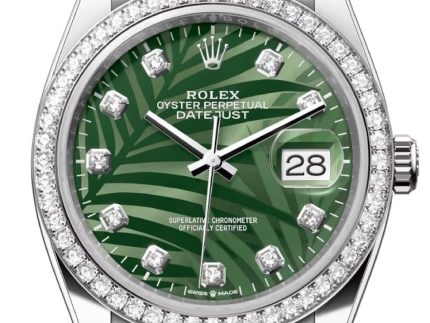 rolex datejust 36 white gold steel olive green palm motif diamond dial diamond bezel jubilee bracelet 126284rbr