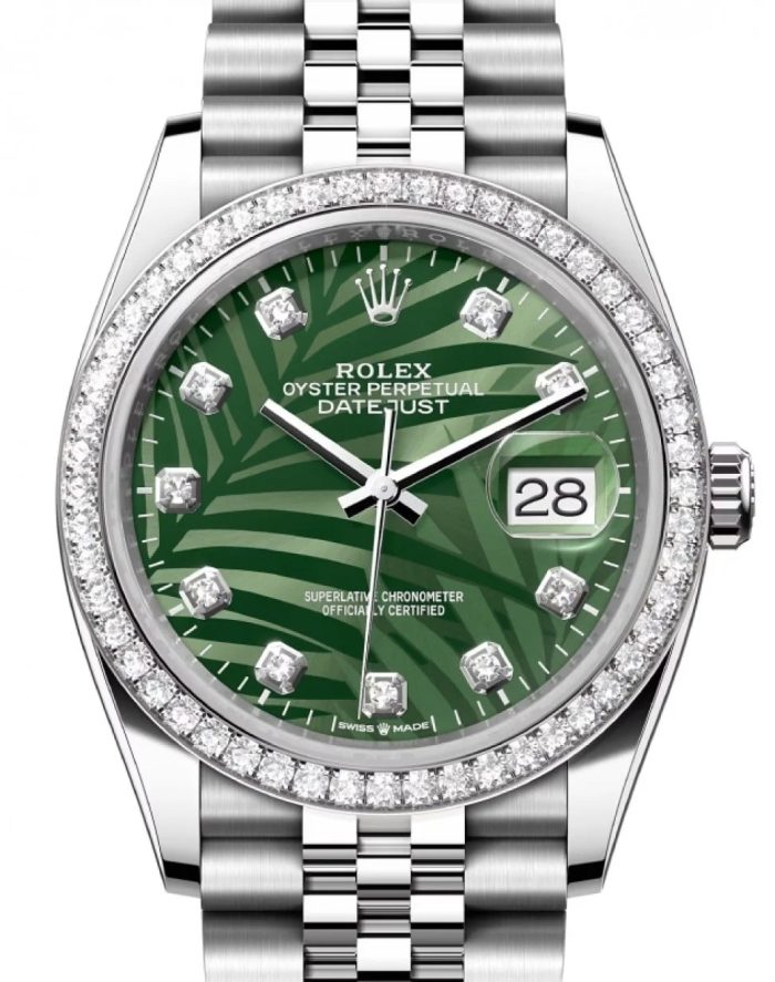 rolex datejust 36 white gold steel olive green palm motif diamond dial diamond bezel jubilee bracelet 126284rbr