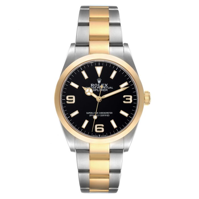 rolex explorer i steel yellow gold black dial mens watch 124273 box card 58975 b5256 scaled