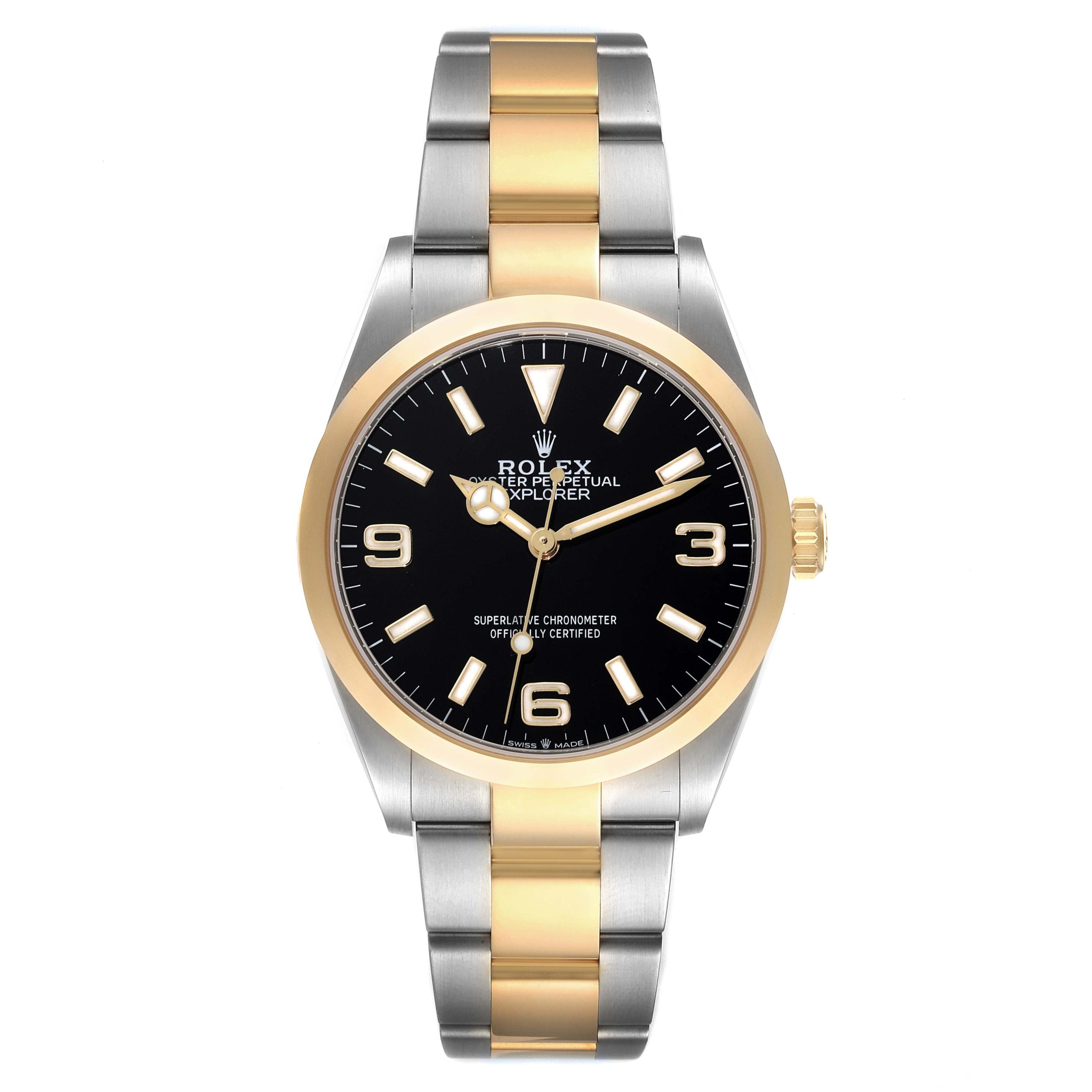 rolex explorer i steel yellow gold black dial mens watch 124273 box card 58975 b5256 scaled