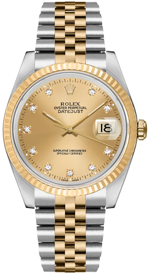 18304709_3wv9ql1gjcn30jmrggcdkiha4e9o.webp Rolex Datejust 36 Champagne Diamond Dial on Jubilee Ref 16233 with Papers 1988 - Image 1