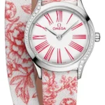 Omega De Ville Mini Tr√©sor Quartz White / Pink Roman Markers Dial on Fabric Strap Ref 428.17.26.60.04.003 with Card