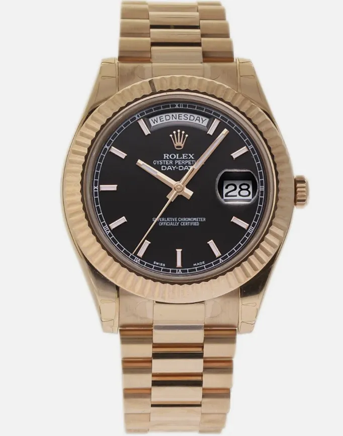 18304937_8oxu85v60pz1gcxao5ab35n4sfbb.webp Rolex Day-Date Black Index Dial on President Ref 218235 with Card Old Green 2012 - Image 1