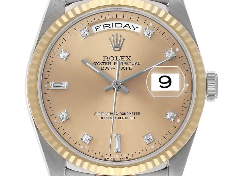 18305038_jvfmxv6o5w7meh038o73x4m742a5.webp Rolex Day-Date Champagne Diamond Factory Dial on Am Leather Ref 18239BIC - Image 1