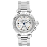 Cartier Pasha GMT Silver / Arabic Numerals Dial on Stainless Steel Bracelet Ref 2377/W31029M7