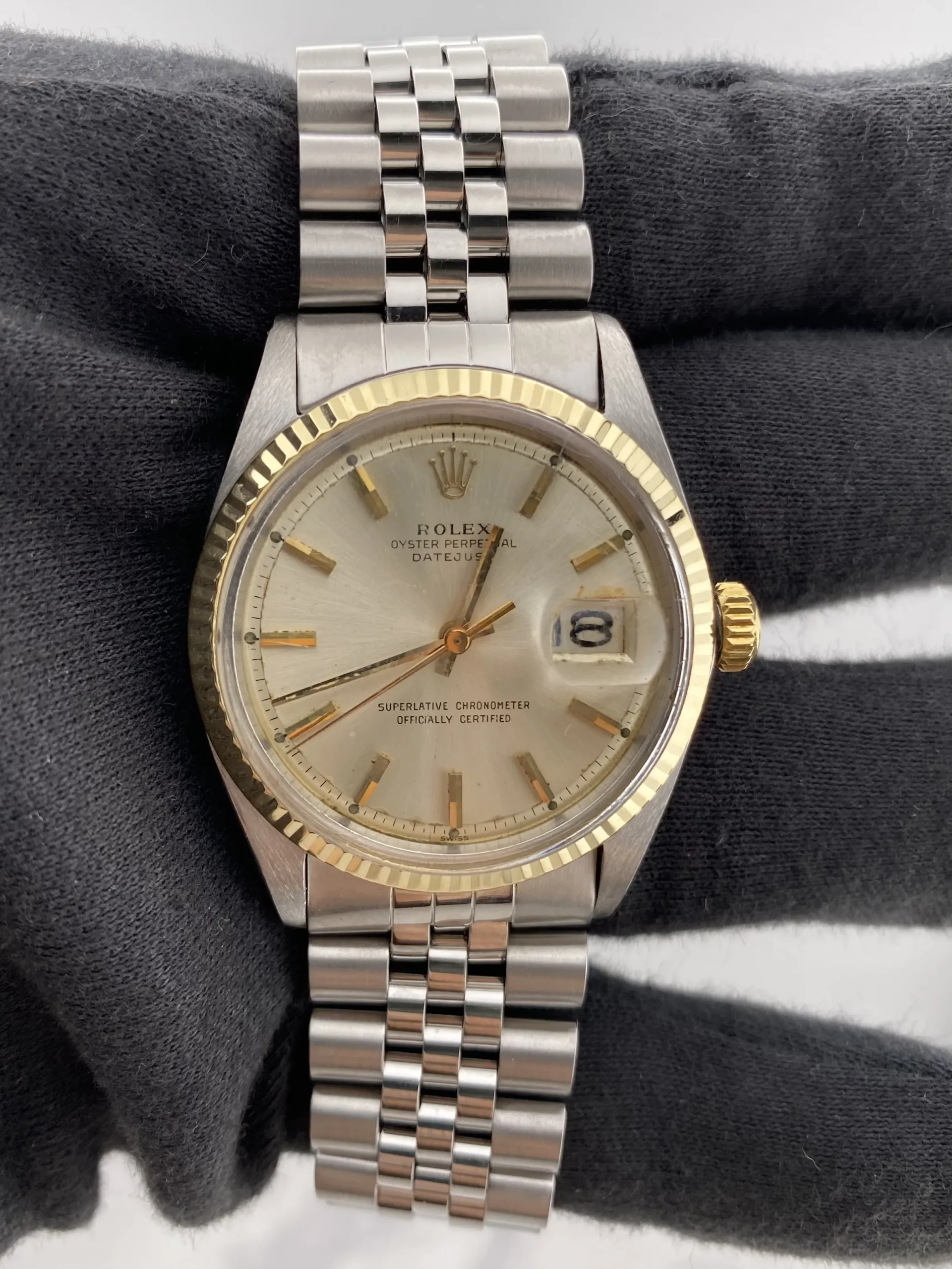 18345904_6rpv0bkko61mk1qozwg3ticeamxw.webp Rolex Datejust Silver Stick / Has Spots Dial on D-Link Jubilee Bracelet Steel Ref 1601 - Image 1